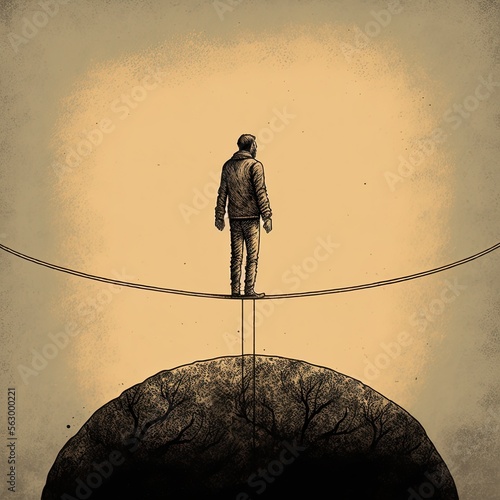 a person standing on a tightrope, representing the feeling of precarity and instability that can come with mental illness, generative ai