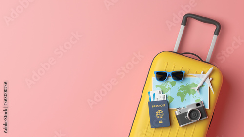 Traveler tourist accessories luggage suitcase sun glasses hat camera passport tickets vacation holidays trip plane map pin. travel concept. 3d rendering.