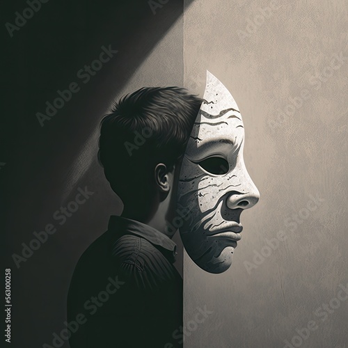 a person with a mask, representing the feeling of hiding one's true self and the fear of being rejected that can come with mental illness, generative ai