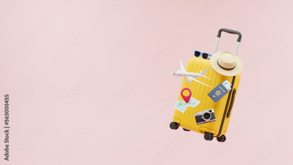 Fototapeta premium Traveler tourist accessories luggage suitcase sun glasses hat camera passport tickets vacation holidays trip plane map pin. travel concept. 3d rendering.
