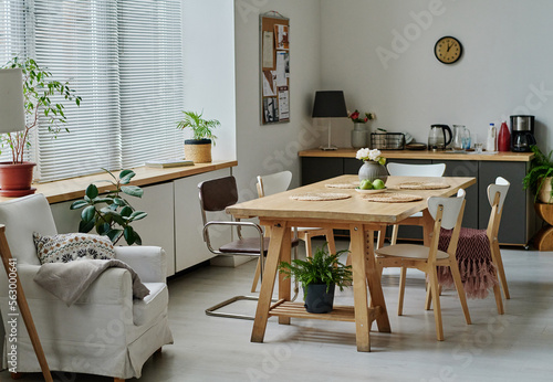 Horizontal image of light apartment with modern design with cozy armchair and dining table in the centre of room