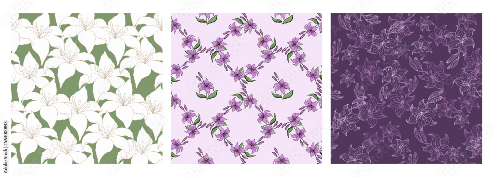 Floral Seamless Pattern set with hand drawn flowers lilly
