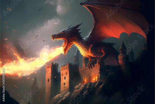 Fairy-tale dragon breathes fire against the background of an ancient castle. AI generated.