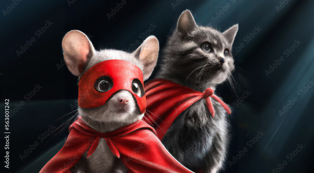Mouse and cat as superheroes with red cape and mask, generative ai - obrazy, fototapety, plakaty 