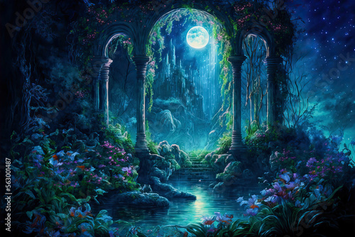 Enchanted Garden. A gazebo overgrown with flowers, a waterfall and a night sky with a full moon. Landscape of fairies and elves. Post-processed digital AI art