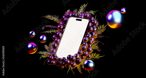 iPhone 14 Pro Max on the black background in grapes and green ferns with spheres Empty screen mockup smarthphone flying isolated space modern future mock up
