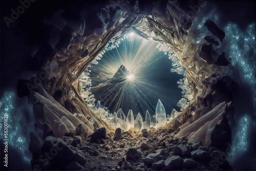 Sunrise view from giant crystal cave. Digital art photo