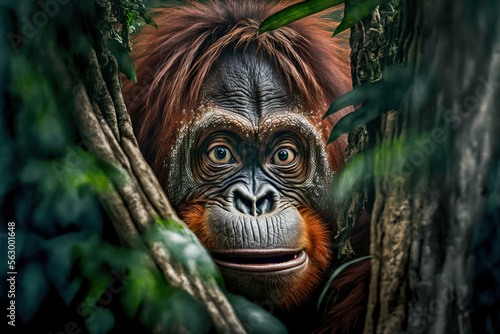 Eye to eye with orangutan. Monkey peeking out of the jungle. Digital art © Katynn