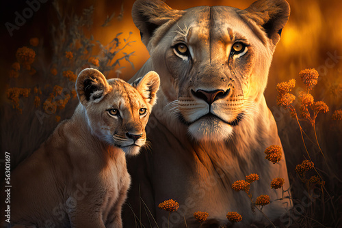 Tela Lioness mother with her cub on savanna. Digital art