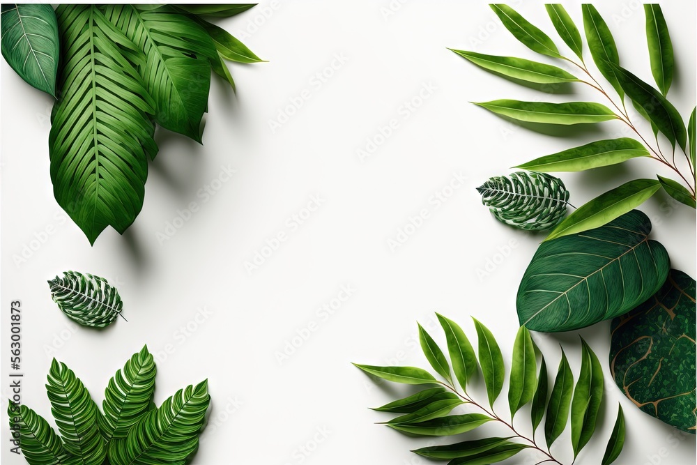 a white background with green leaves and plants on it, with a white