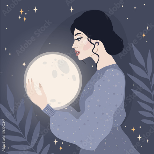 Mystic woman, feminine concept illustration, beautiful esoteric woman. Beautiful woman with moon in her hands. Vector design