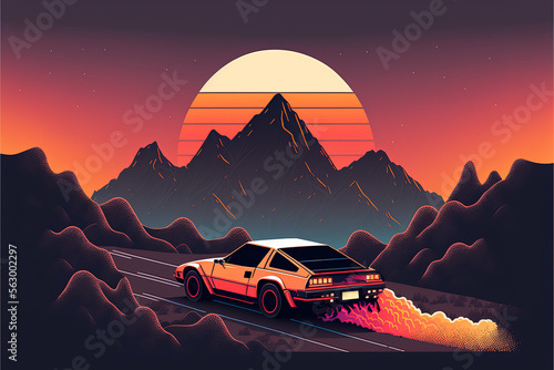 Generative AI, Retro car in retro style, nostalgic 80s, 90s. Night landscape, sunset colors, scifi, retrowave vintage illustration. Sun, mountains and desert. Transport, automobile concept.	
 photo