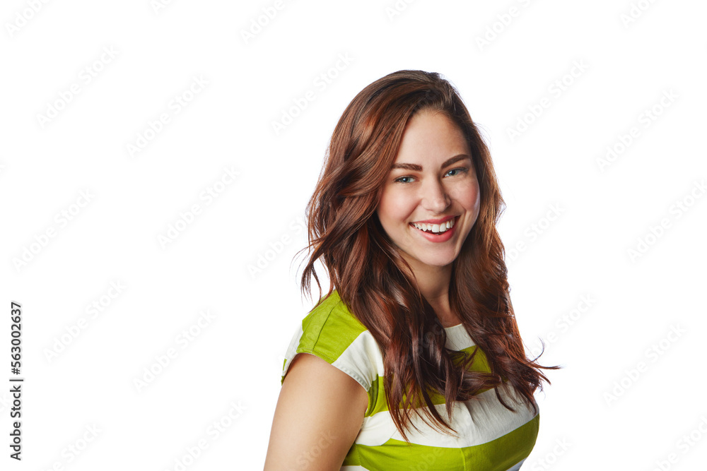Woman, hair and happy with beauty portrait, smile in hair care mockup and fashion isolated on white background. Keratin, balayage and hair style, natural cosmetics with face and skin with happiness Woman, hair and happy with beauty portrait, smile in hair care mockup and fashion isolated on white background. Keratin, balayage and hair style, natural cosmetics with face and skin with happiness