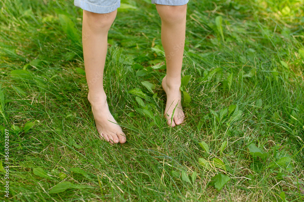 The child walks barefoot on the green grass. The concept of hardening, prevention of flat feet, meditation.