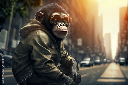 Stylish fashion monkey, chimpanzee walking in the street Cinematic landscape. Generative ai 