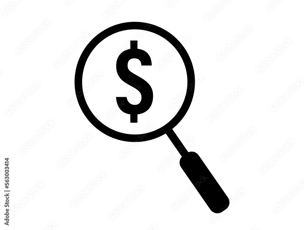 Search money icon. Magnifying glass vector, concept look for investment isolated on white background Search money icon. Magnifying glass vector, concept look for investment isolated on white background