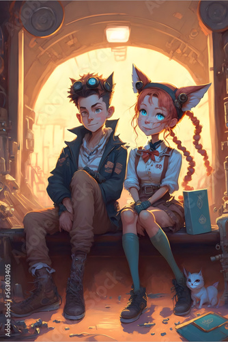 Fox human children sitting on a bench, anime manga style, generative AI