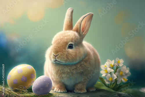 Cute easter bunny with eggs. Generative AI.