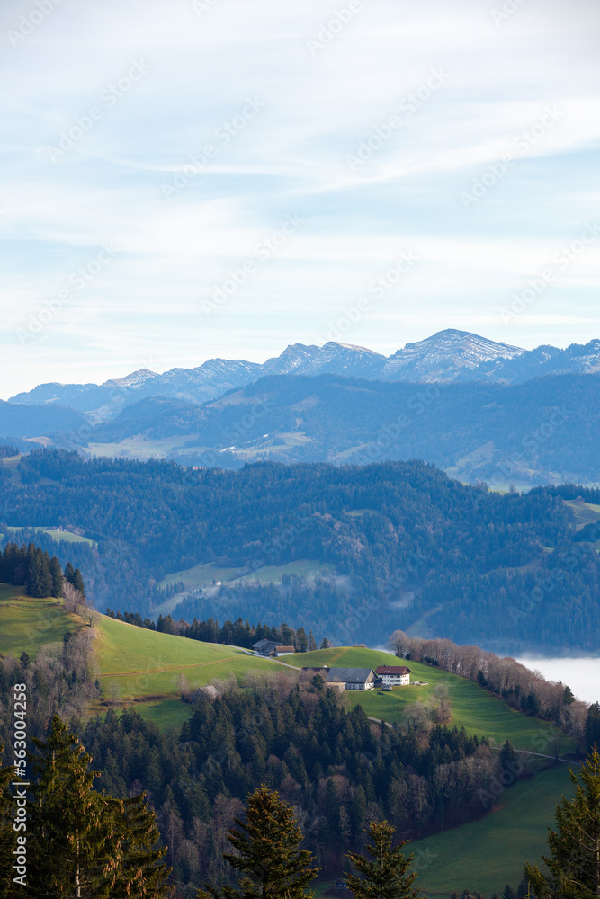 Beautiful landscape of Pfander mountains, Austria. Blue sky and green valley