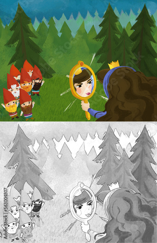 Fototapeta Naklejka Na Ścianę i Meble -  cartoon princess in forest near some dwarfs illustration