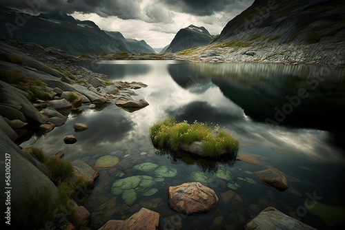a lake surrounded by rocks under a cloudy sky, landscape, scenery, art illustration