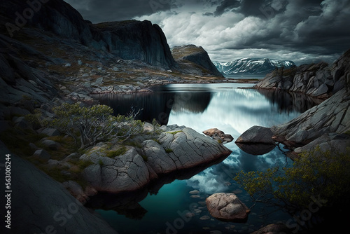 a lake surrounded by rocks under a cloudy sky  landscape  scenery  art illustration