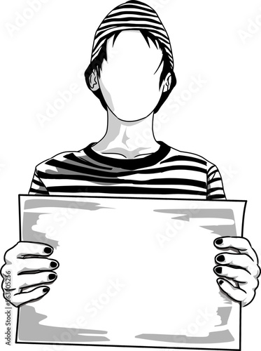Illustration of a criminal holding identity paper or board