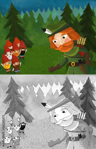 Fototapeta Naklejka Na Ścianę i Meble -  cartoon prince in the forest near some dwarfs illustration