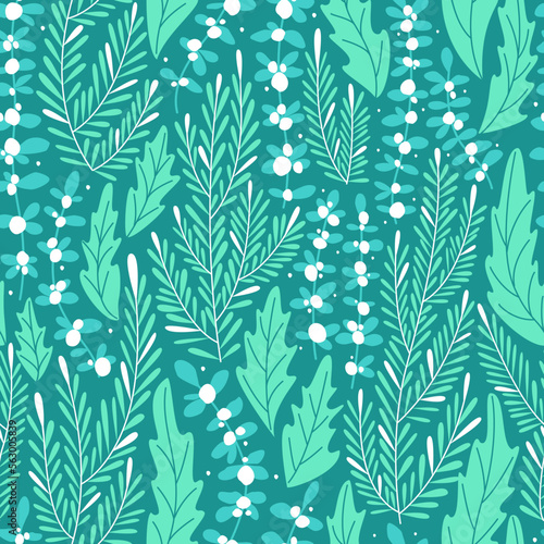 Seamless winter pattern with mistletoe and grass. For fabrics and accessories. Template for fashion prints. Modern floral background. Flat vector illustration.