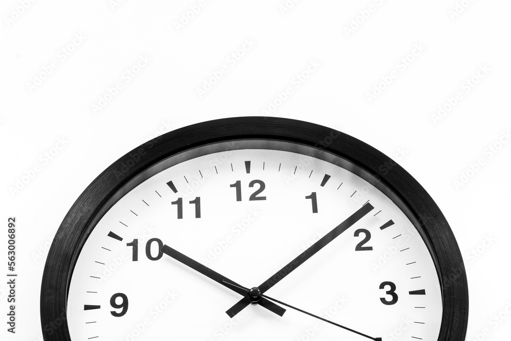 Black and white clock. Round wall clock - time to work concept Black and white clock. Round wall clock - time to work concept