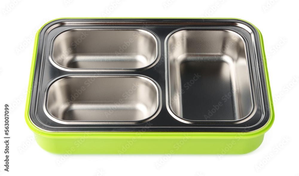 Empty lunch box with metal compartments isolated on white background. Empty lunch box with metal compartments isolated on white background.