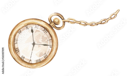 Watercolor illustration with vintage gold pocket watch. Isolated on white background.