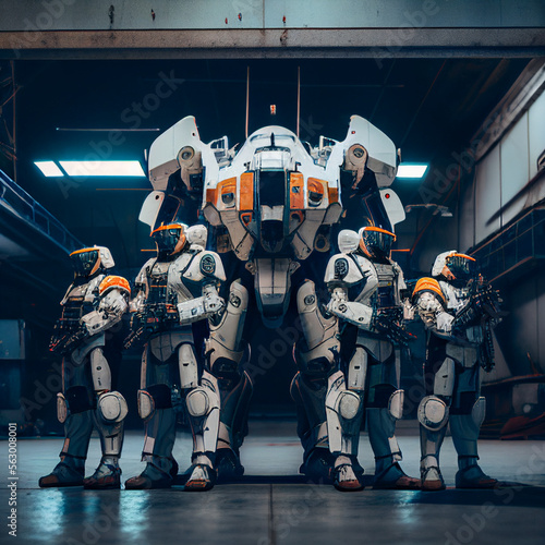 Futuristic space team in mech-suits posing in front of battle robot, generative ai