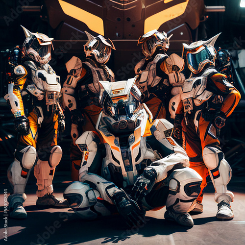 Futuristic team of space pilots pose for a photo 