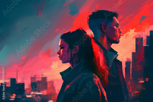 A concept with a couple in the city in the sunset. Digital illustration created with the help of generative ai-technology.