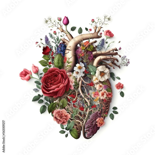 cœur humain anatomique composé de fleurs et de feuilles sur fond uni - illustration ia photo