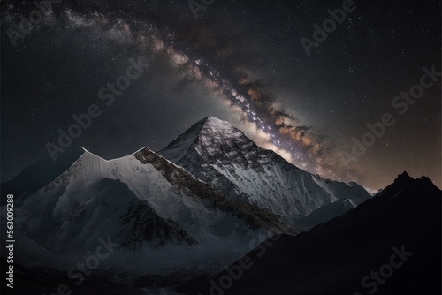  a mountain with a very tall star in the sky above it and a star trail going up the mountain side of it, with a dark sky filled with stars and clouds and a few stars., generative ai photo