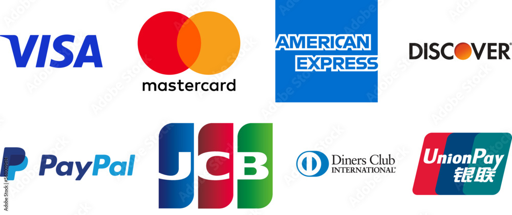 Visa Mastercard Credit card payment method system companies logo. American  Express, Discover, PayPal, JCB, Diners Club, UnionPay icons. Vector  editorial illustration Stock Vector | Adobe Stock