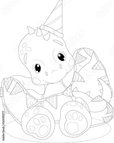 Cartoon cute little baby dinosaur with dirthday garland sketch template. Vector illustration of dino in black and white for games, background, pattern, decor. Coloring paper, page, story book, print