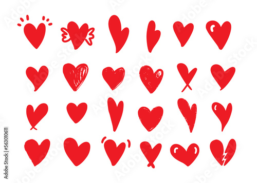 Vector set of Hand drawn hearts. Red color
