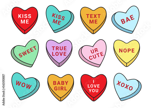 Vector set bundle of different color Valentines candy with love text