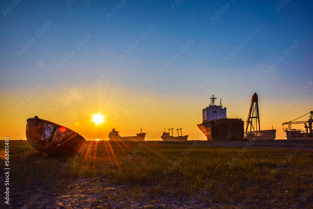oil tanker at sunset