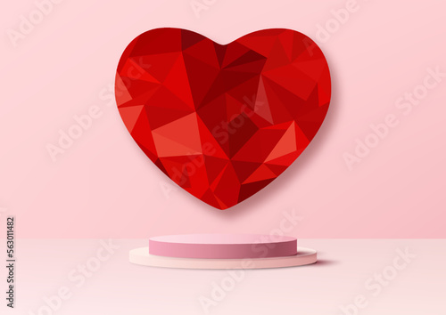 3D realistic white and pink podium platform pedestal stand with low polygon red heart shape symbol backdrop