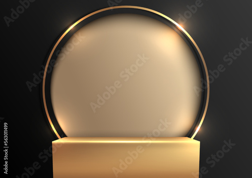 3D realistic luxury style golden podium platform pedestal stand with gold circle frame backdrop on black background