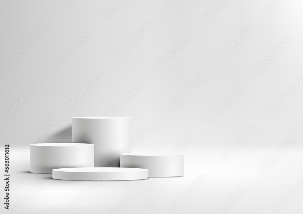 3D realistic group of empty white podium pedestal cylinder stand on clean background 3D realistic group of empty white podium pedestal cylinder stand on clean background