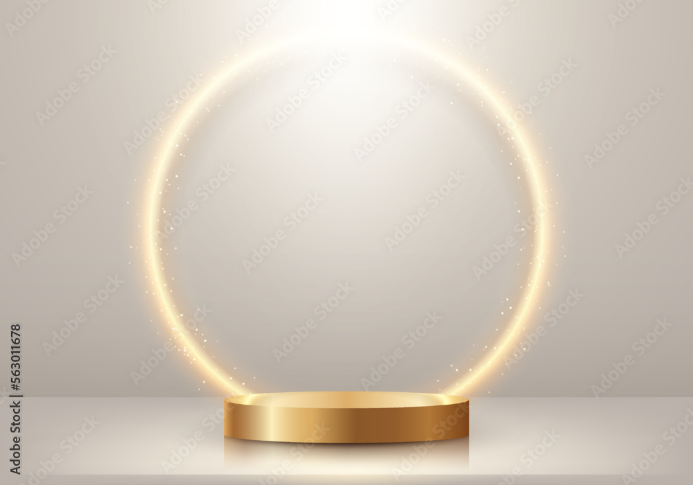 3D realistic empty gold podium stand with glowing golden circle lighting backdrop and glitter on beige background luxury style 3D realistic empty gold podium stand with glowing golden circle lighting backdrop and glitter on beige background luxury style