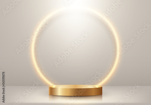 3D realistic empty gold podium stand with glowing golden circle lighting backdrop and glitter on beige background luxury style © phochi