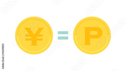 ＝で繋がった円とポイントの記号･¥とPが入ったお金とコイン - ポイ活･換金･還元のイメージ