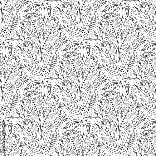Fototapeta Naklejka Na Ścianę i Meble -  Floral seamless pattern in black and white line style with damask tile motif. Doodle flowers textile print. Vintage nature graphic. Little meadow flowers with leaves.