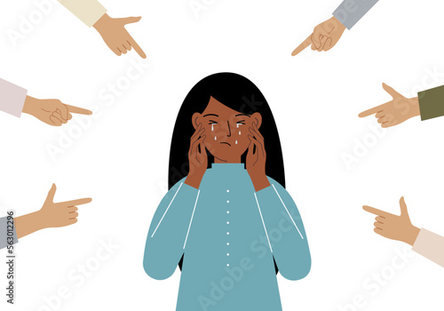The concept of public condemnation, victim blaming and bullying. Crying depressed woman. The fingers point at the character and hate him. Internet cyberbullying.